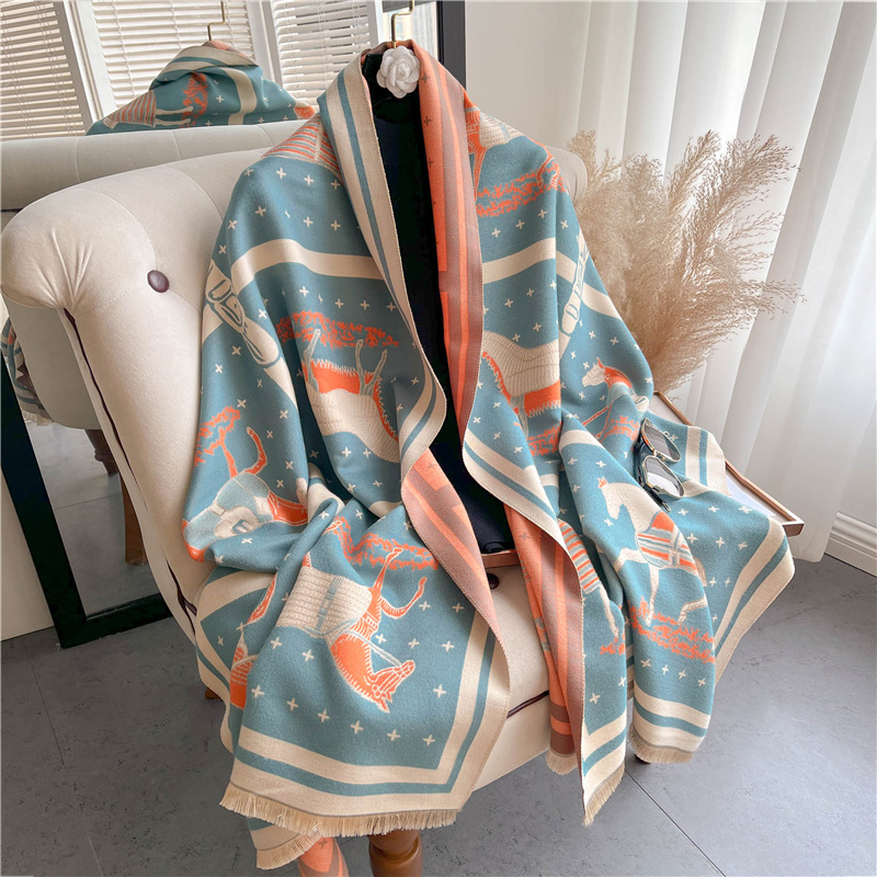 Woven Scarf Blanket - 럭셔리 말 인쇄 두꺼운 캐시미어 담요