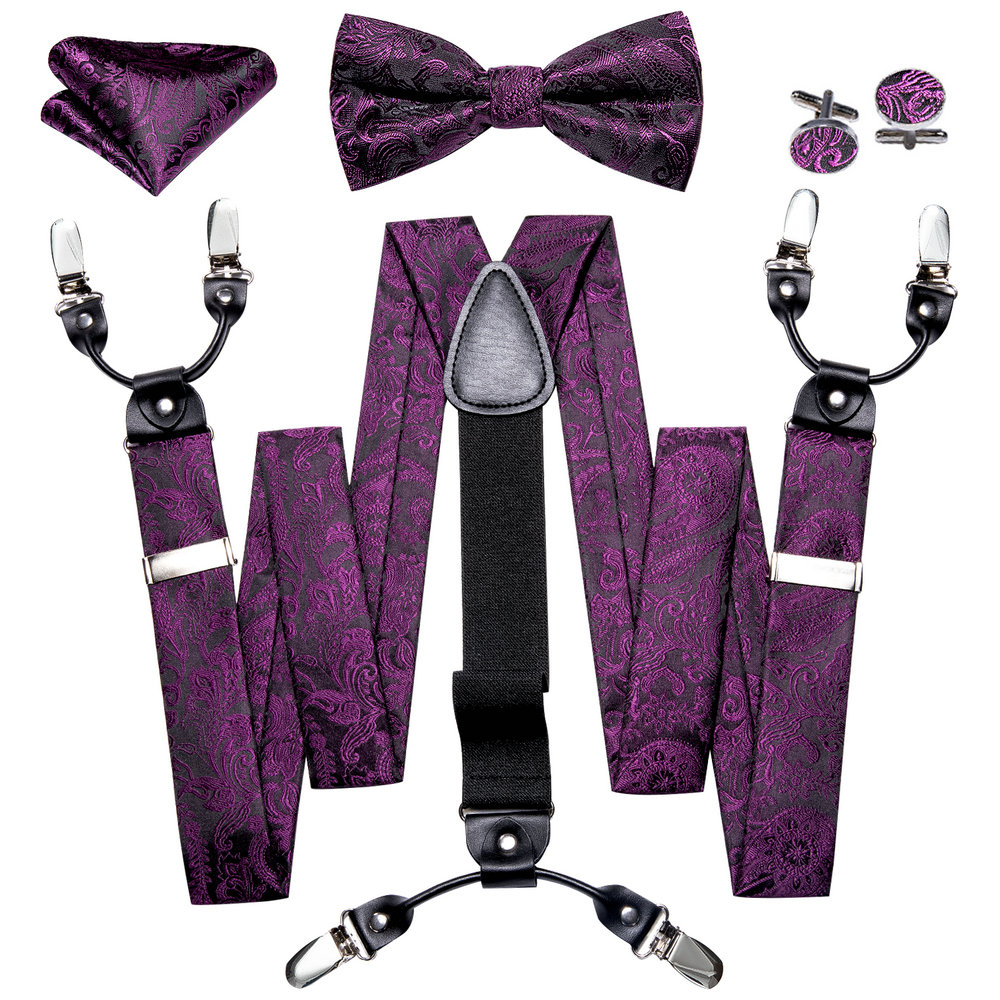 Bow Tie Pre Tied - 남성용 바지용 서스펜더, 고급스러운 자두색 꽃무늬
