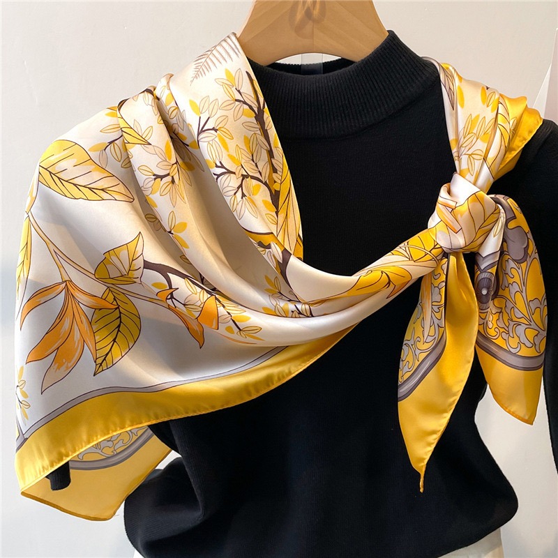 Face Scarf Mask - 1개 70cm 낙엽 가을 노란색 실크
