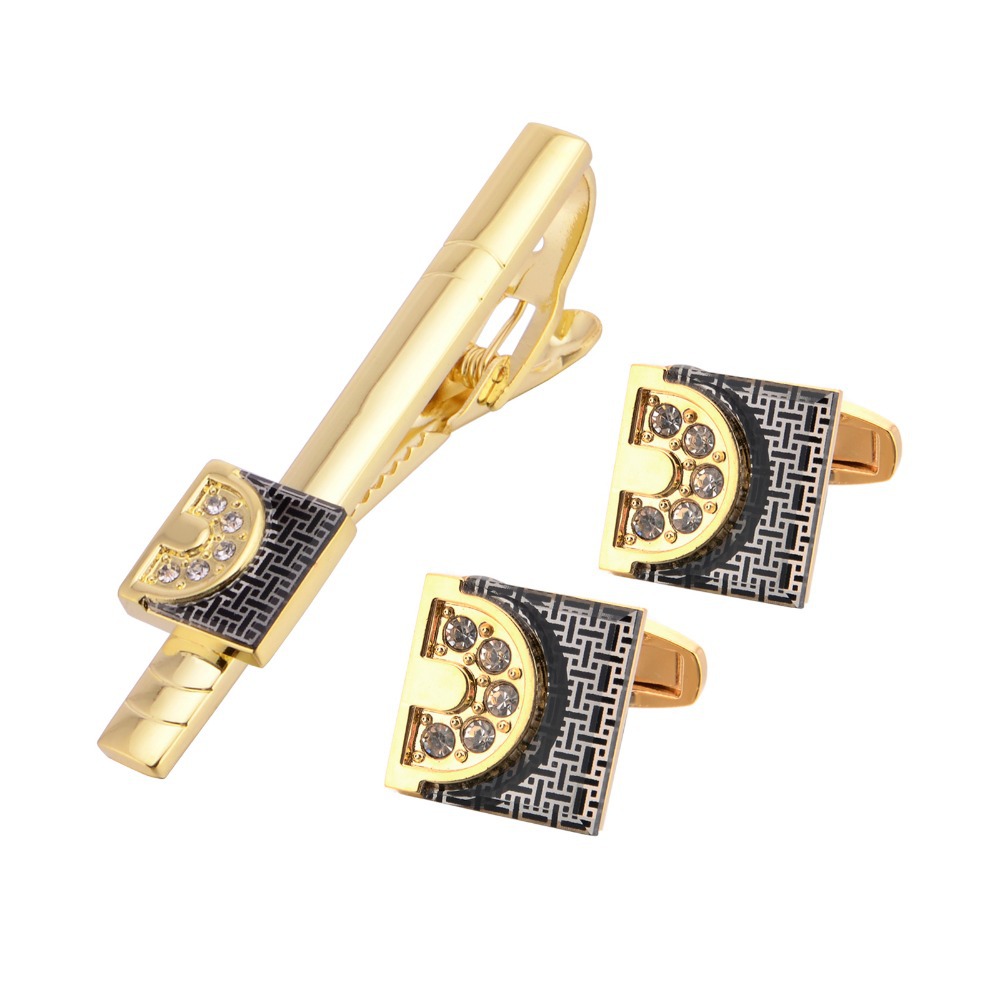 Tie Bar Set Gift - 남성용 골드 톤 커프스 단추와 타이
