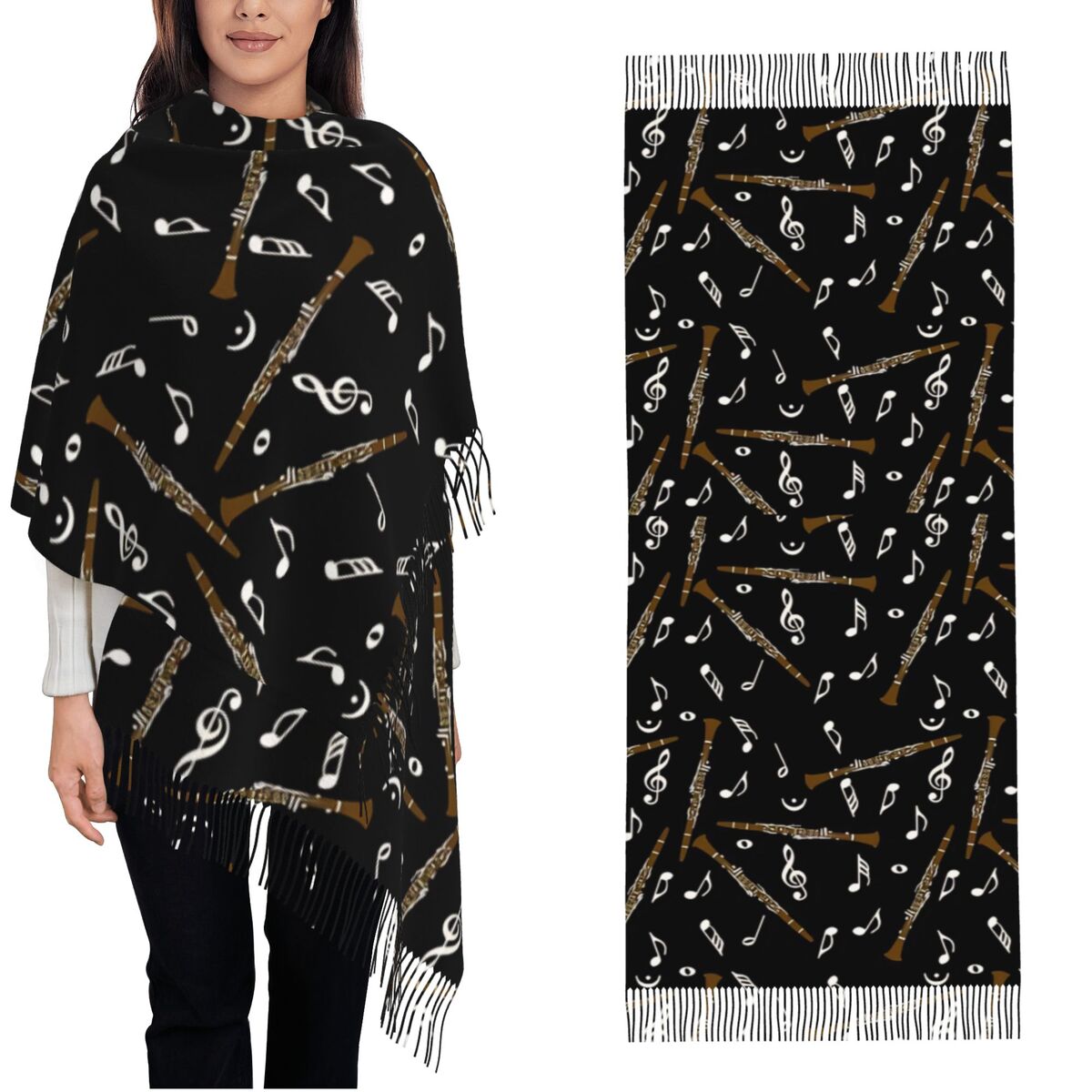 태슬 장식이 있는 여성용 스카프 클라리넷 음악 노트 패 - Pashmina Wrap Large 리뷰 및 가격